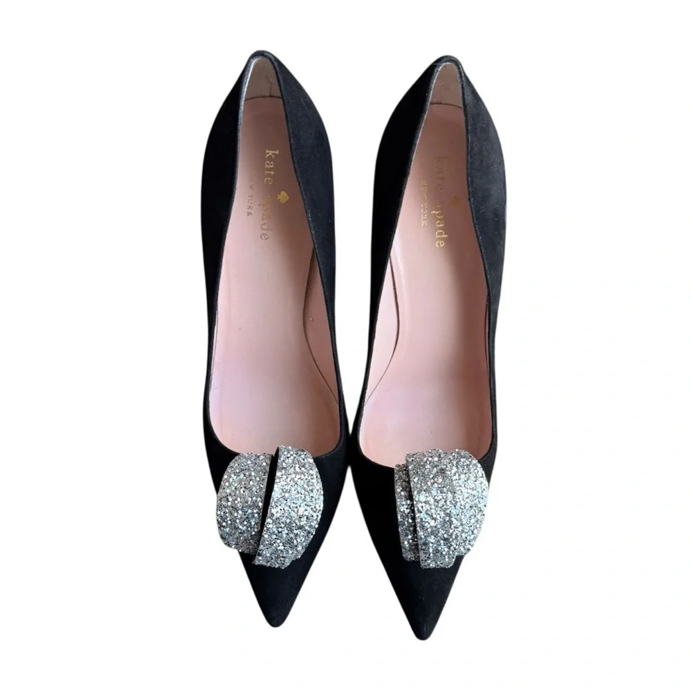 Kate Spade - Black Suede Pointed Toe Pumps Crystal Bow Heels Size 8